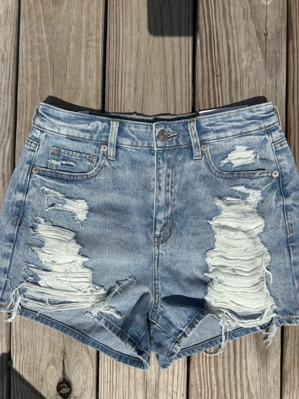 American Eagle Outfitters Light Blue Distressed High-Waist Denim Shorts